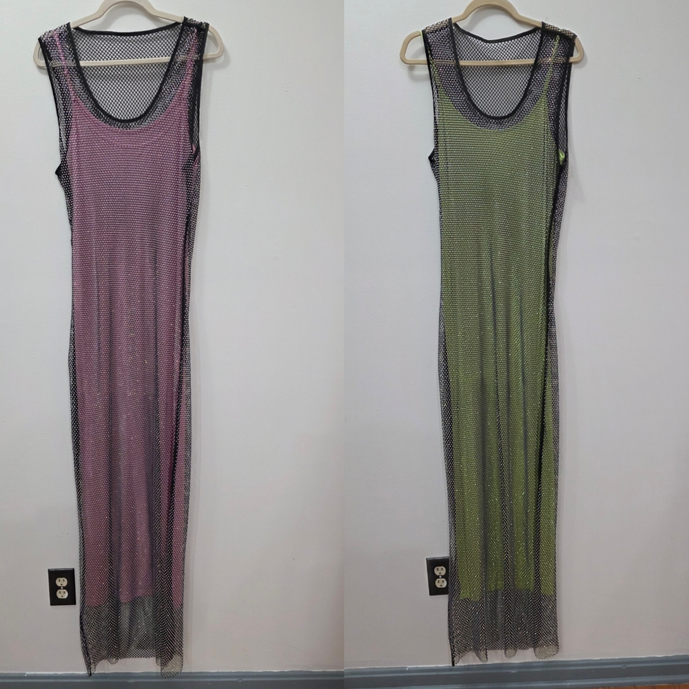 Fashion Nova Mesh Maxi Dress - Pink and Green